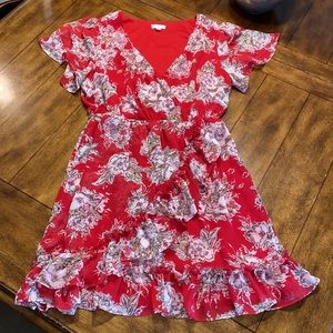 Floral ruffle faux wrap dress